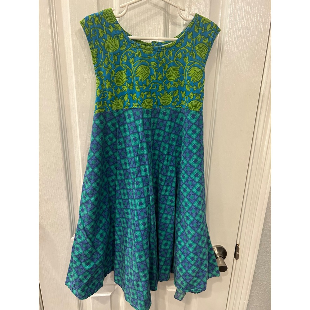 Yo Baby Dress Blue Green Floral Geometric Block Print Jaipur India Kids‎ Size 9